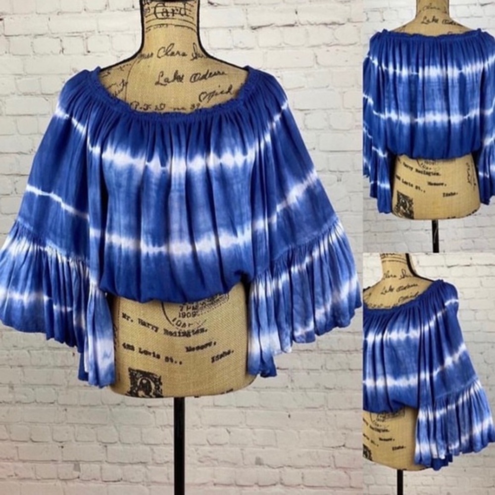 Elan Off Shoulder Tie Dyed Ruffled Bell Sleeves Top